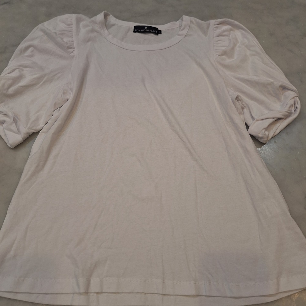 Pomander Place Puff Sleeve Top Wom Med-Lg White Cotton Crew Neck Y19708T Tee